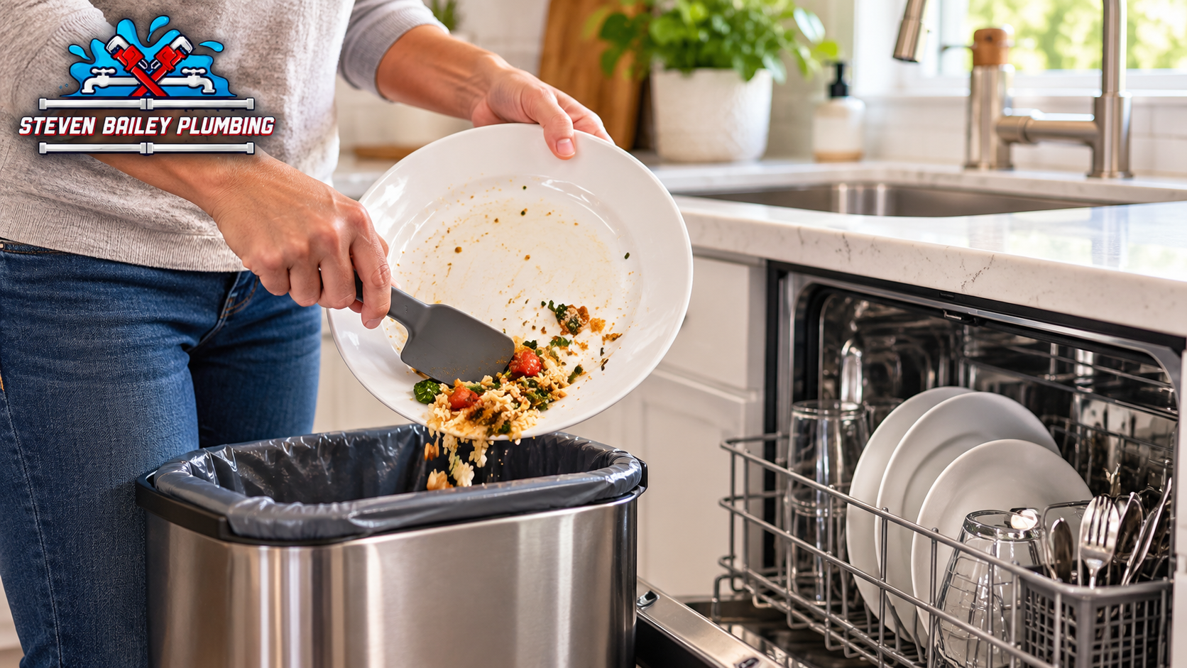 Scraping food scraps from a plate before loading the dishwasher to help prevent kitchen drain clogs