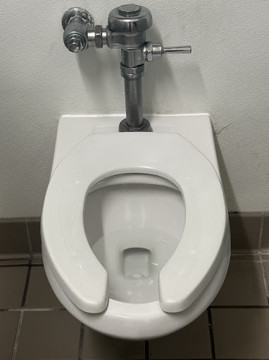 Commercial wall-mounted toilet installed in restroom