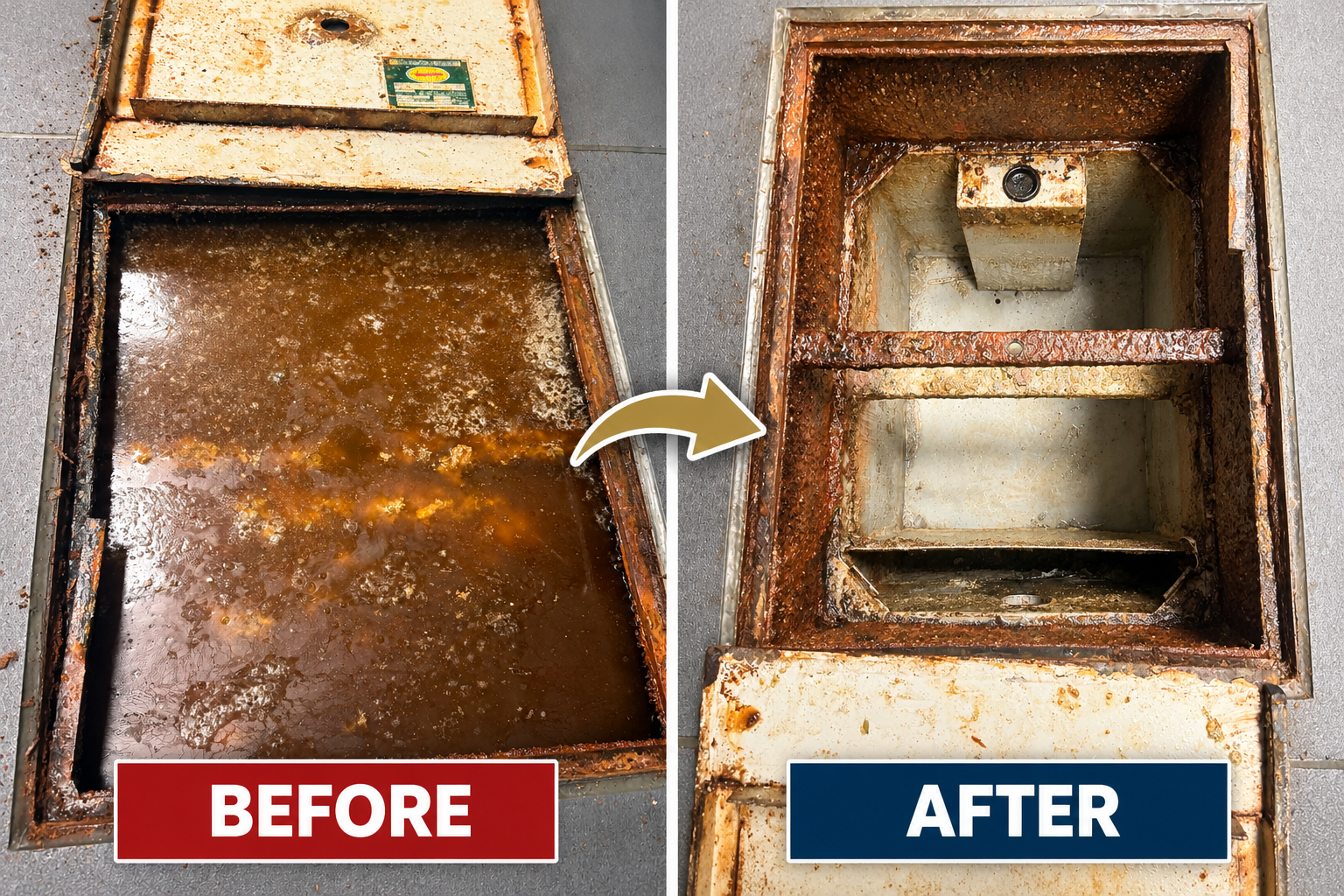 Before and after restaurant grease trap cleaning showing grease-filled interceptor and cleared interior in San Francisco