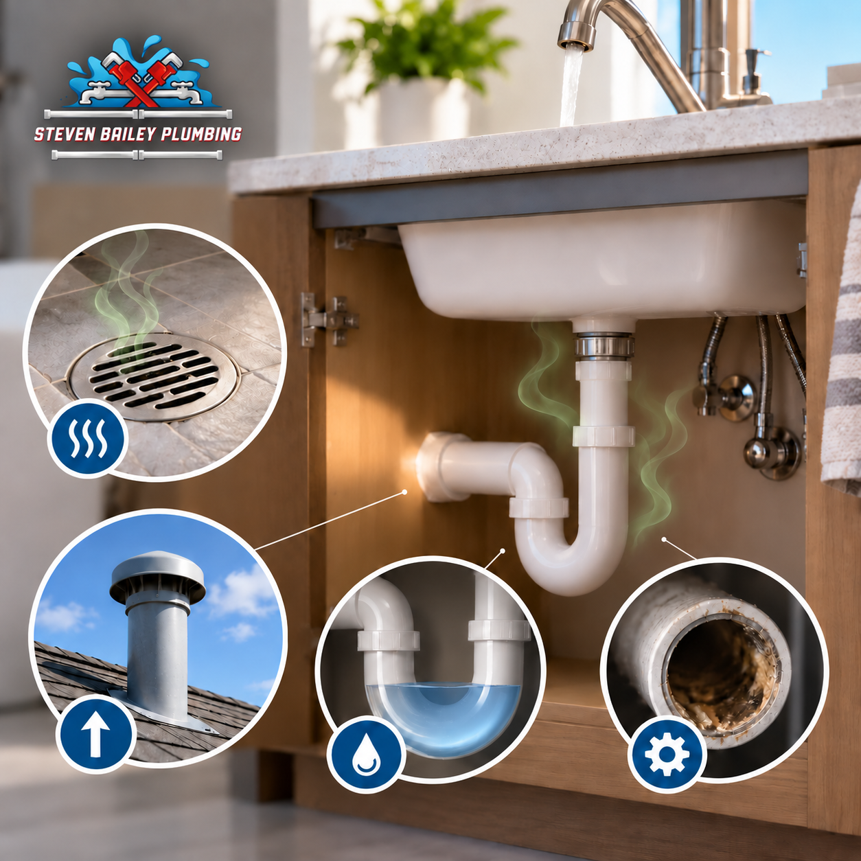 Plumbing diagram showing common causes of sewer and foul drain odors including dry P-traps, vent issues, and clogged drains
